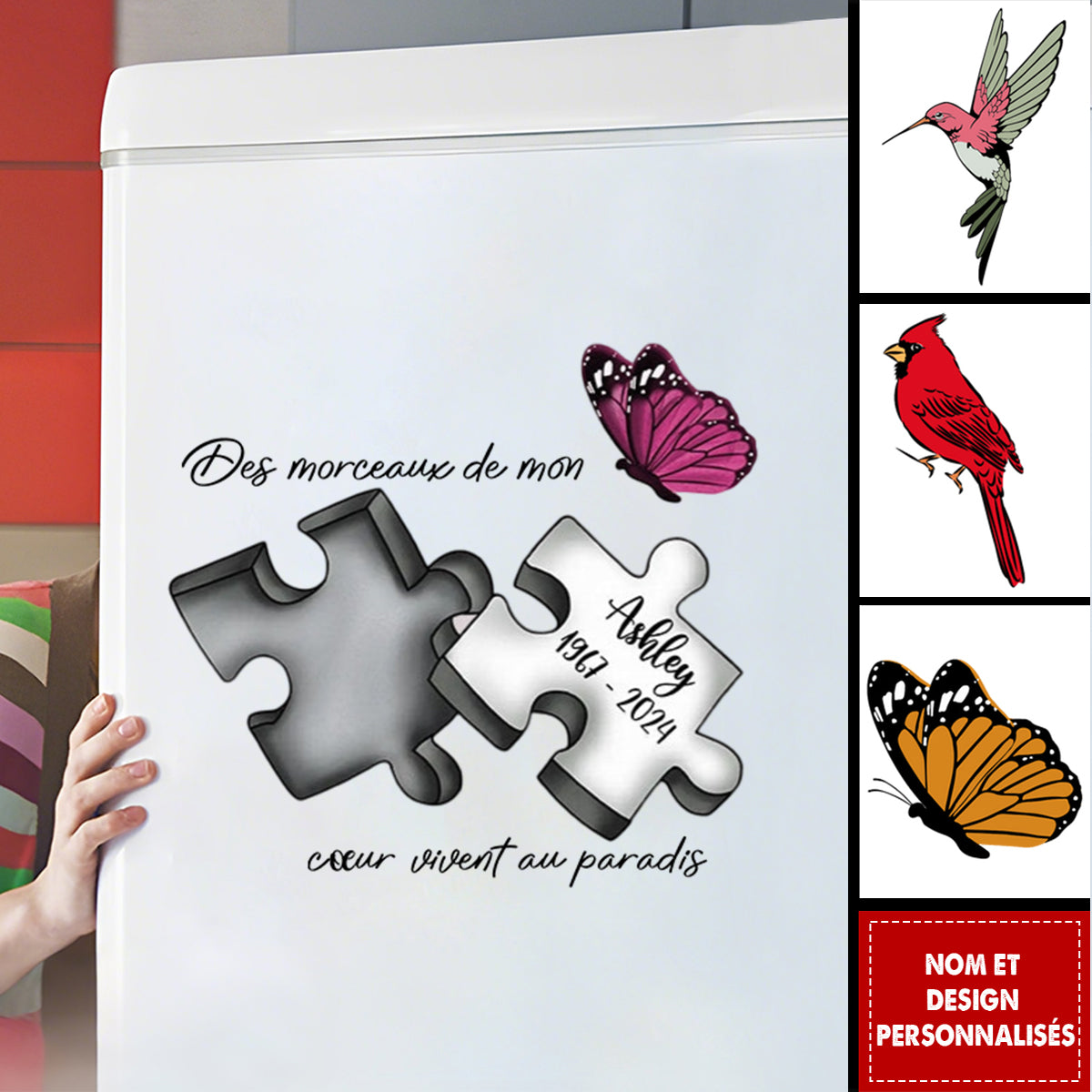 Autocollant Mémoriel Personnalisé avec Papillon, Libellule et Plume du Paradis