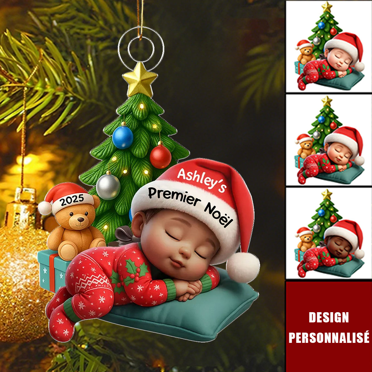 Décoration de Noël Personnalisée en Acrylique – Bébé Dormant en Pyjama Festif