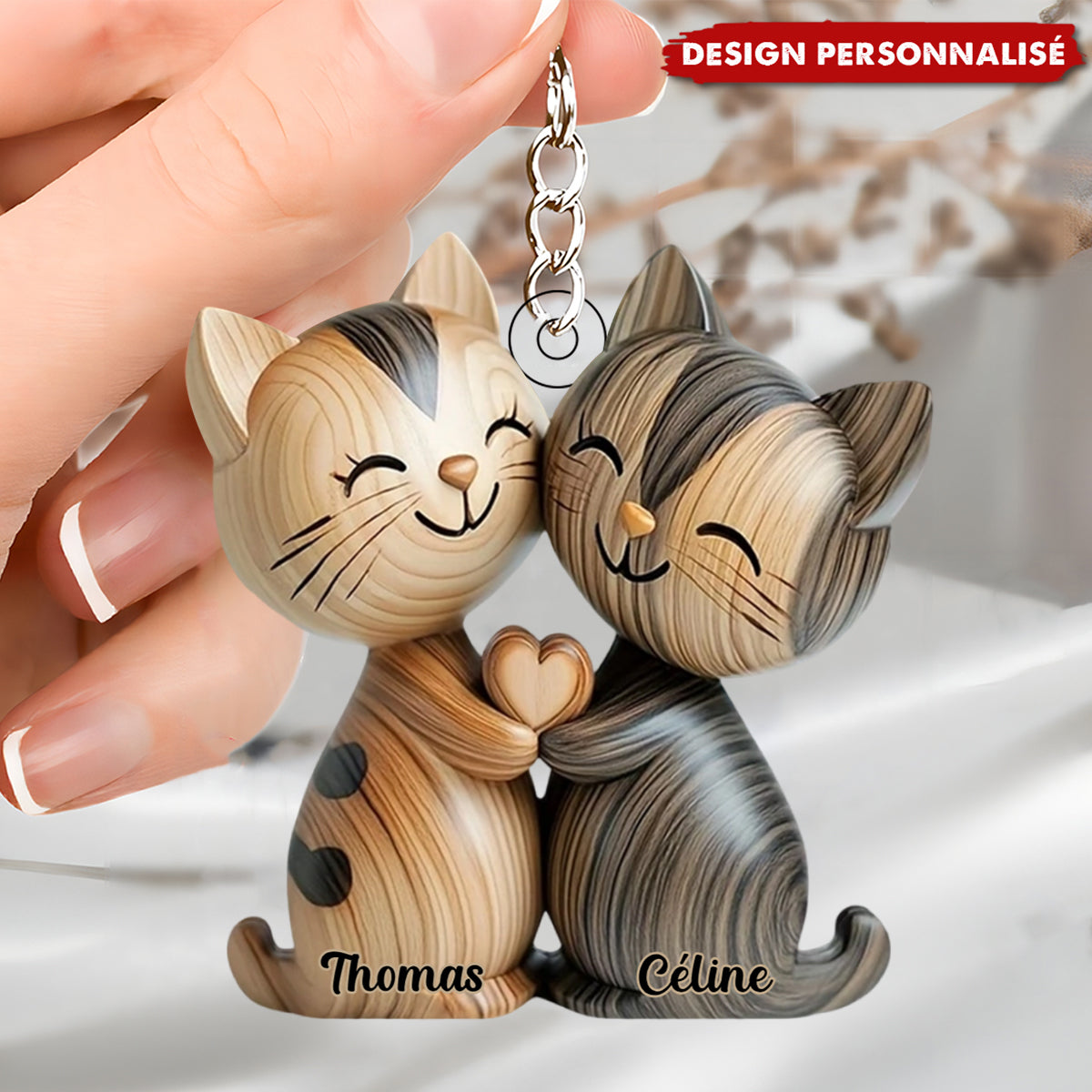 Porte-clés Chats Enlacés – Cadeau d’Amour Personnalisé avec Prénoms
