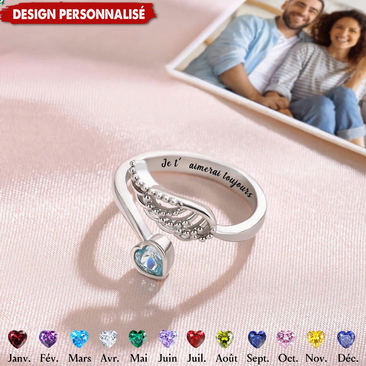 Bague Personnalisée Aile d’Ange avec Pierre de Naissance – Cadeau Symbolique et Élégant