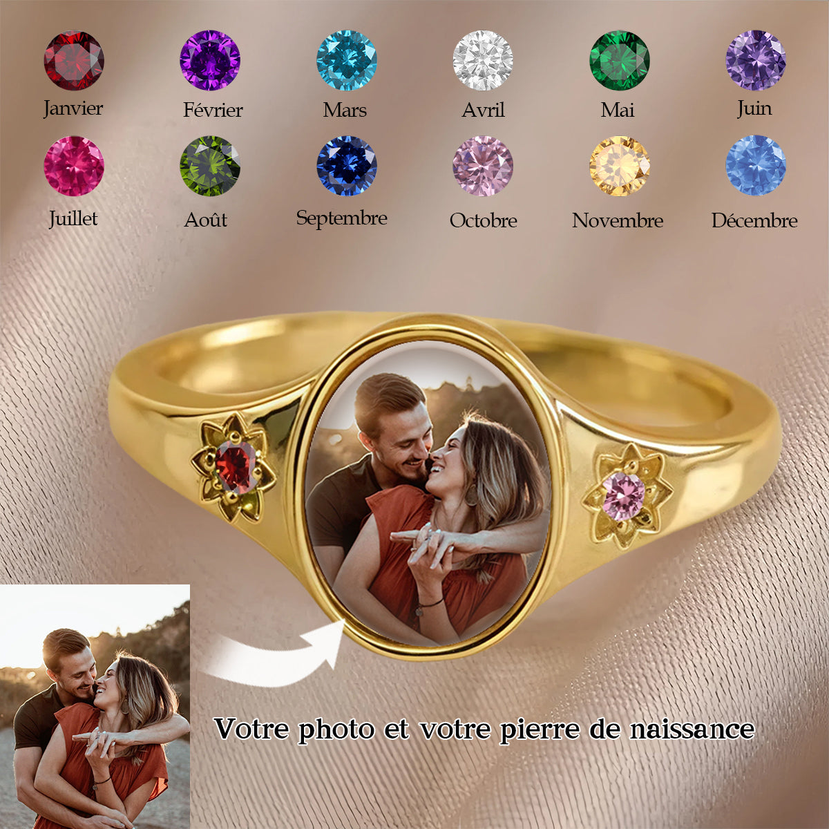 Bague personnalisée avec photo et pierre de naissance – Bijou souvenir gravé et personnalisé