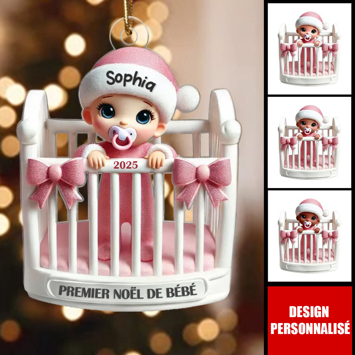 Suspension de Noël Personnalisée – Premier Noël de Bébé en Berceau avec Prénom et Année
