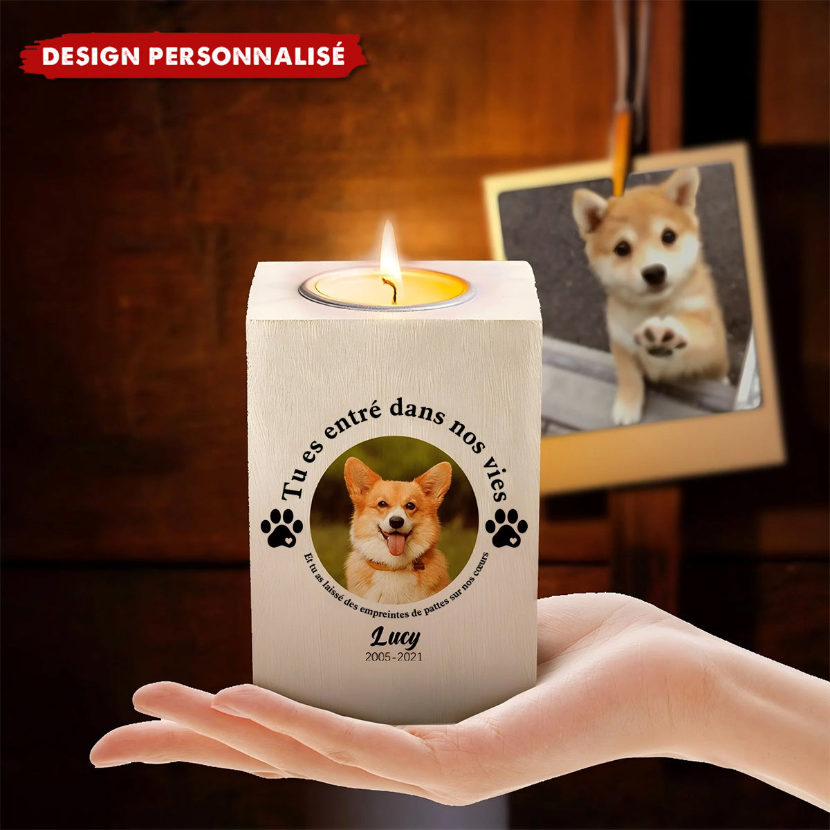 Bougeoir en Bois Personnalisé – Hommage pour Animaux de Compagnie