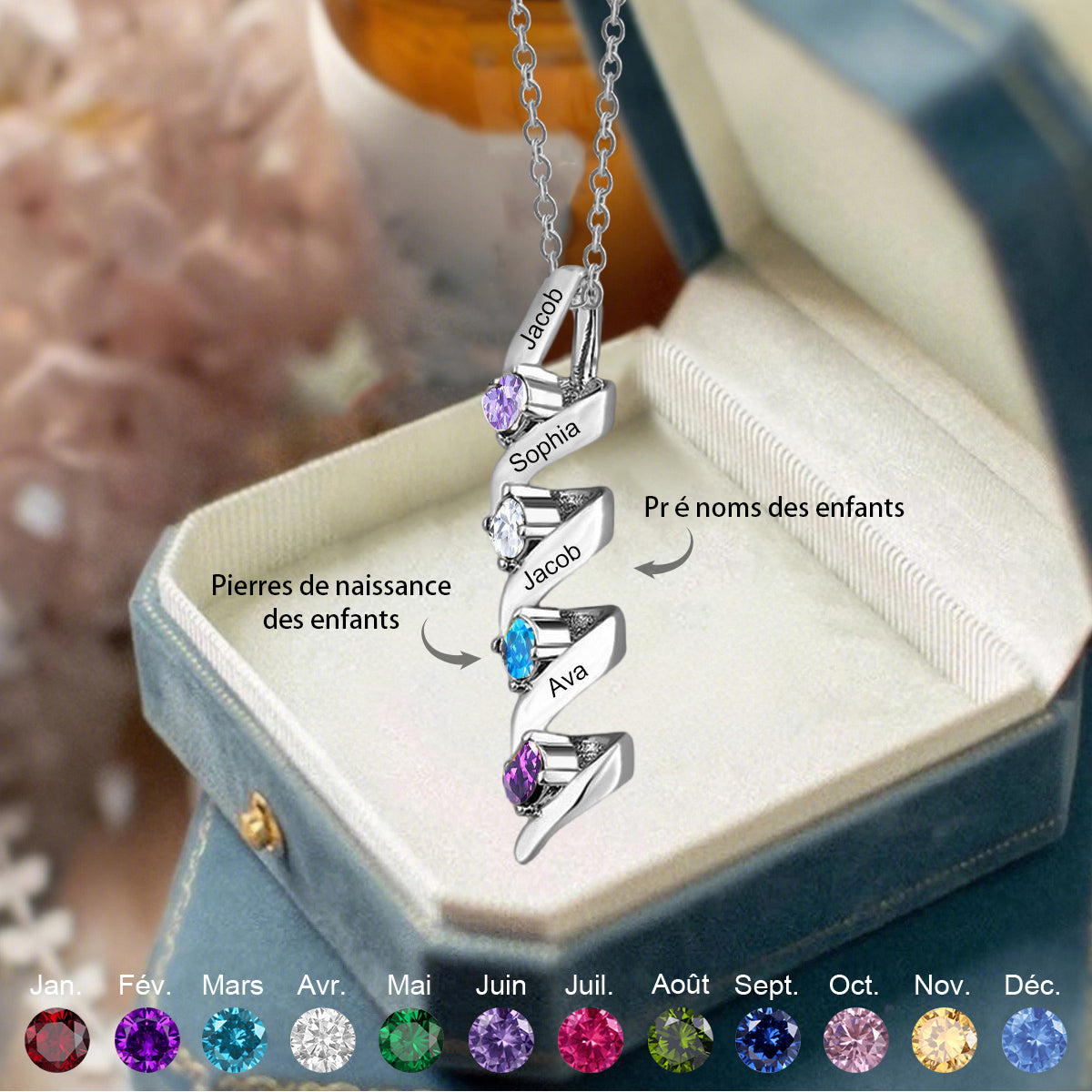 Collier Personnalisé avec Noms de Famille et Pierres de Naissance – Cadeau pour Maman ou Grand-mère