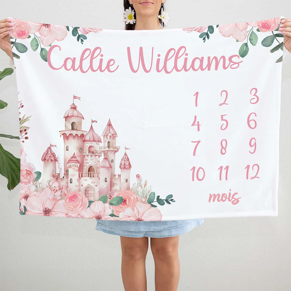 Couverture Bébé Personnalisée Douce à Motifs Floraux avec Prénom et Château