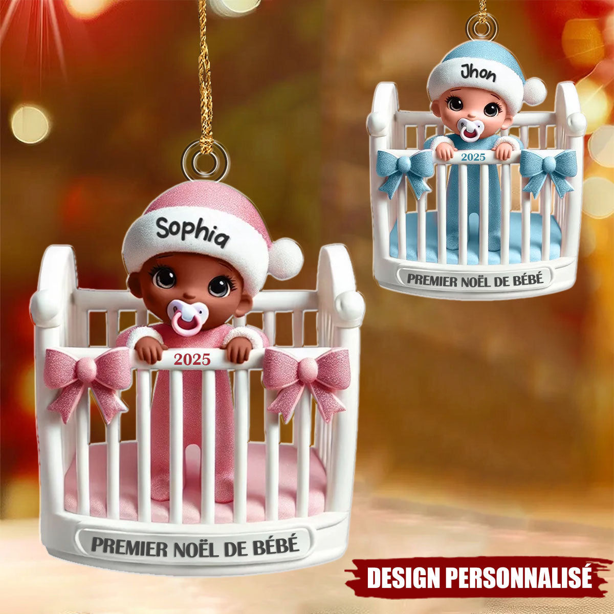 Suspension de Noël Personnalisée – Premier Noël de Bébé en Berceau avec Prénom et Année