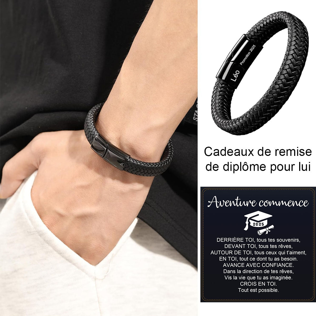 Bracelet en Cuir Personnalisé pour Homme – Cadeaux pour la fête des pères, un anniversaire ou une remise de diplôme