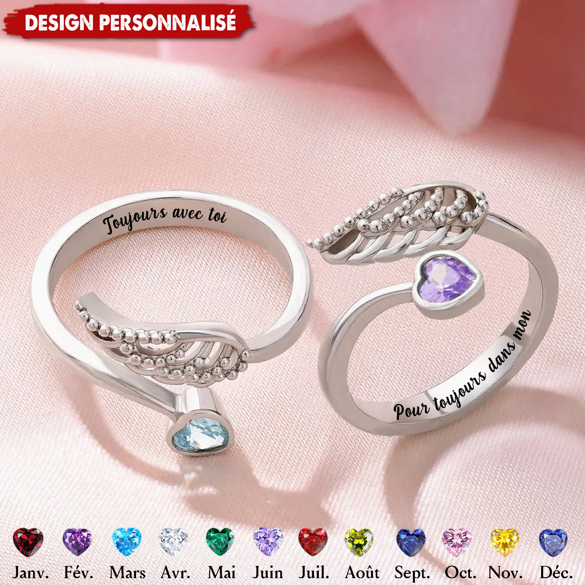 Bague Personnalisée Aile d’Ange avec Pierre de Naissance – Cadeau Symbolique et Élégant