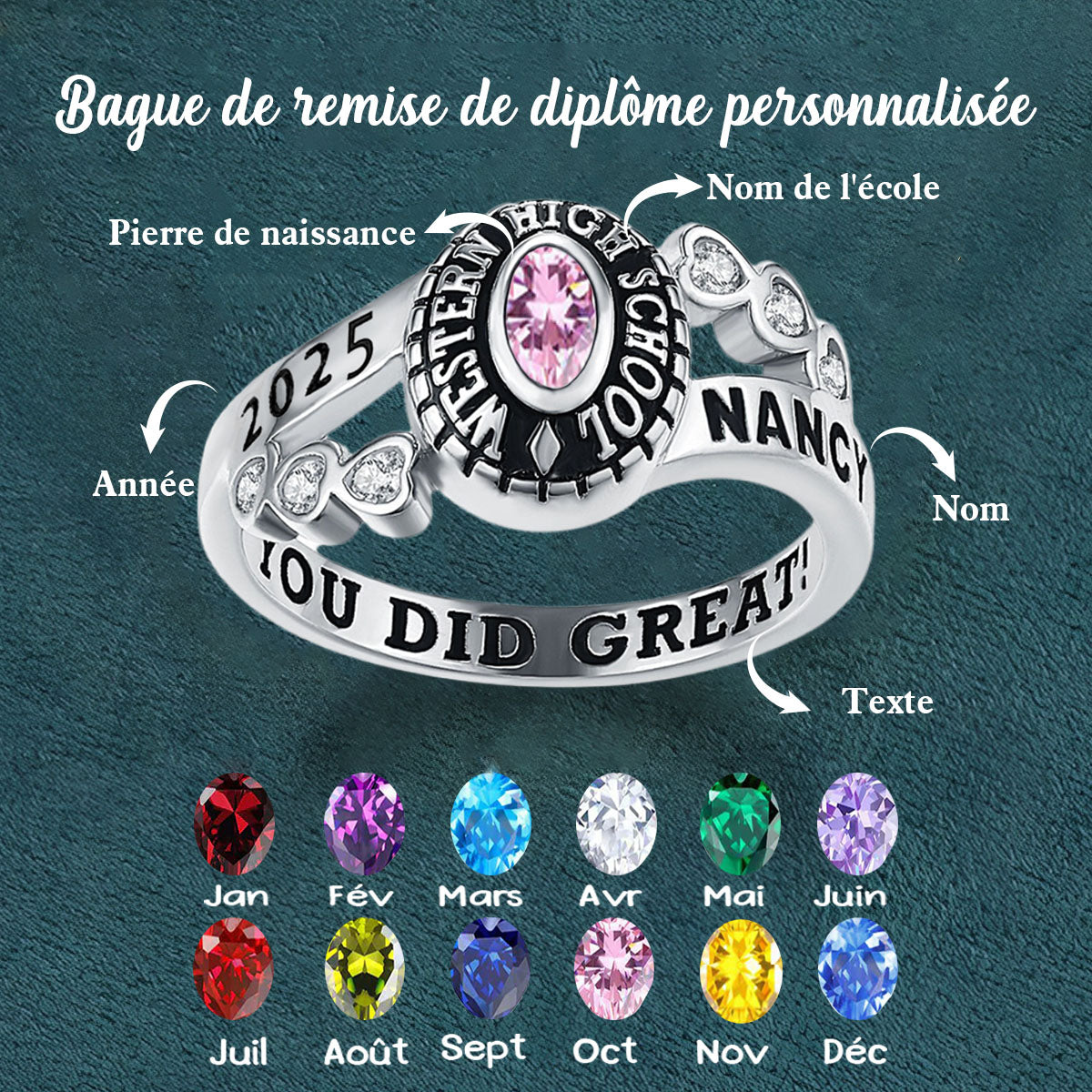 Bague de remise de diplôme personnalisée avec pierre de naissance – Gravure nom, année et texte