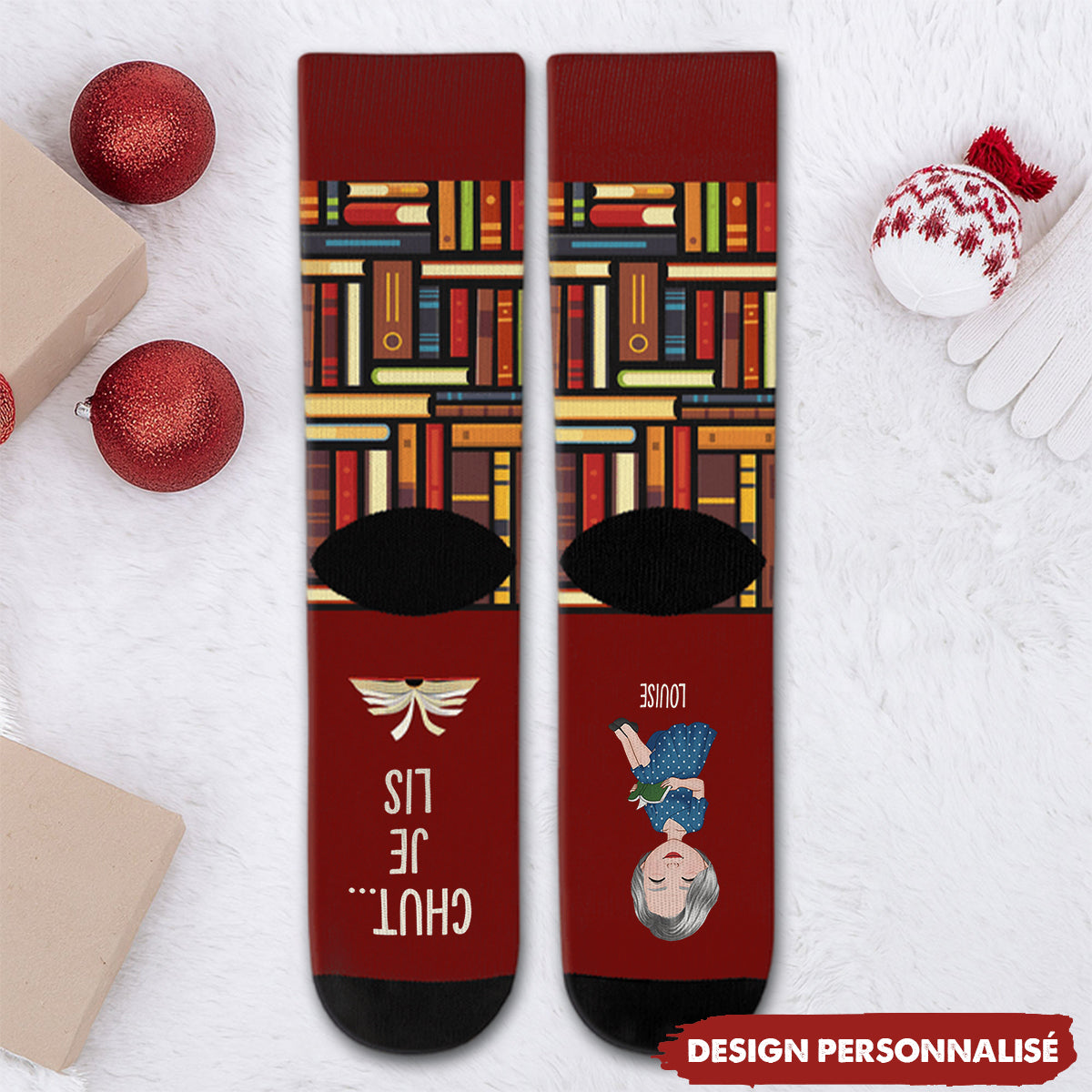 Chaussettes Personnalisées "Chut Je Lis" - Cadeau Drôle Pour Amie, Sœur - Personnalisation Nom - Polyester - 5