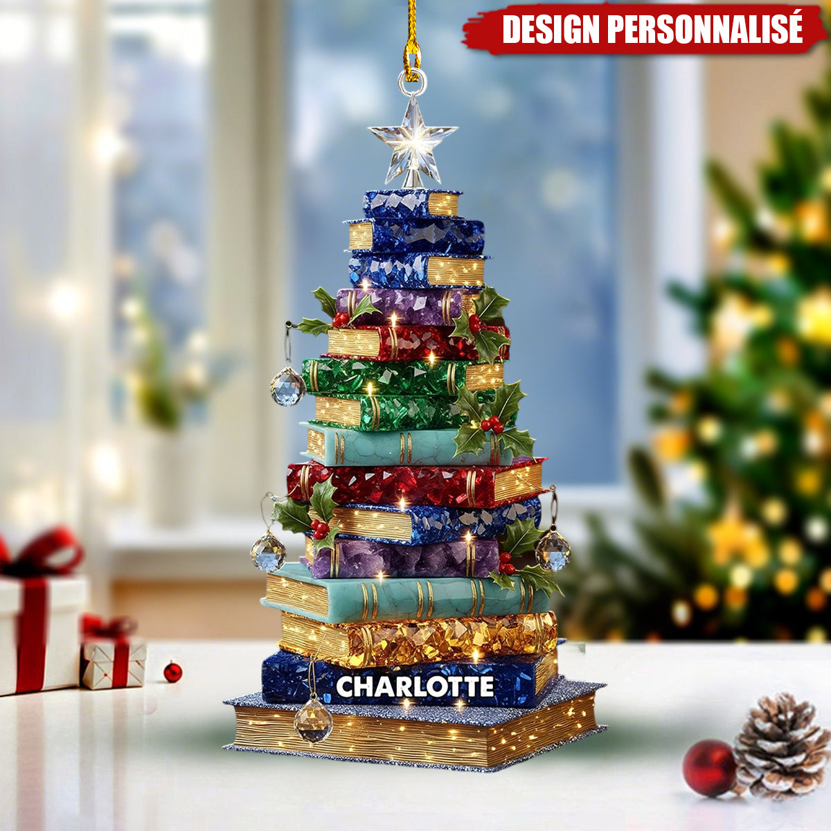 Ornement de Noël Personnalisée en Forme de Sapin de Livres - Cadeau pour Amateur de Lecture