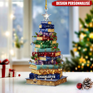 Ornement de Noël Personnalisée en Forme de Sapin de Livres - Cadeau pour Amateur de Lecture