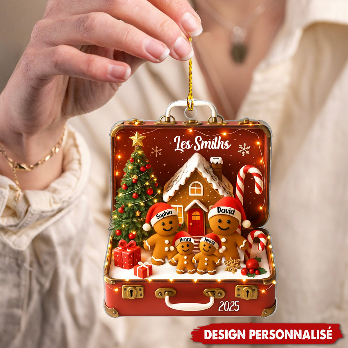 Ornement de Noël en Acrylique Personnalisé – Valise Vintage Famille Pain d’Épice
