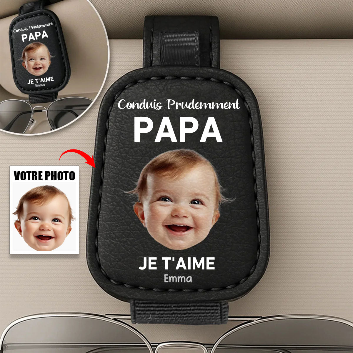 Support de lunettes de voiture personnalisé – Photo, "Conduis prudemment papa, amour éternel" – Cadeau familial personnalisé