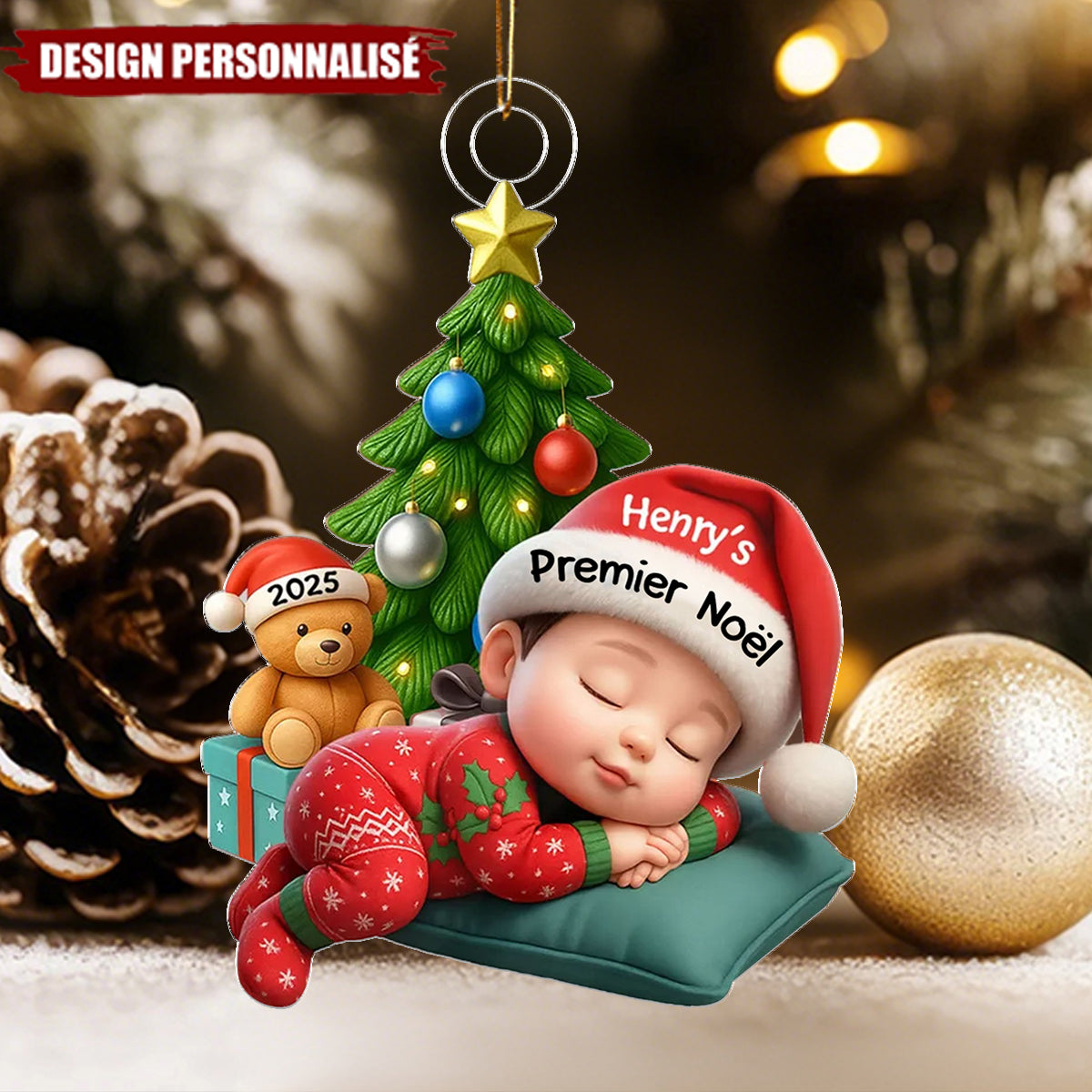 Décoration de Noël Personnalisée en Acrylique – Bébé Dormant en Pyjama Festif
