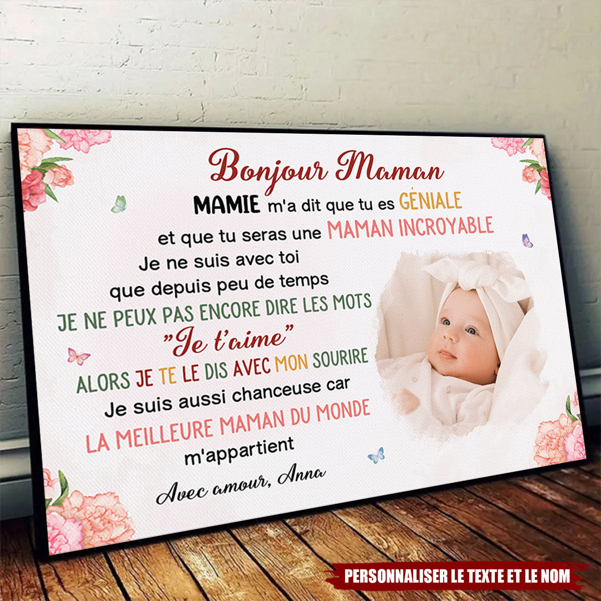 Toile Personnalisée “Bonjour Maman” – Message d’Amour de Bébé à Maman