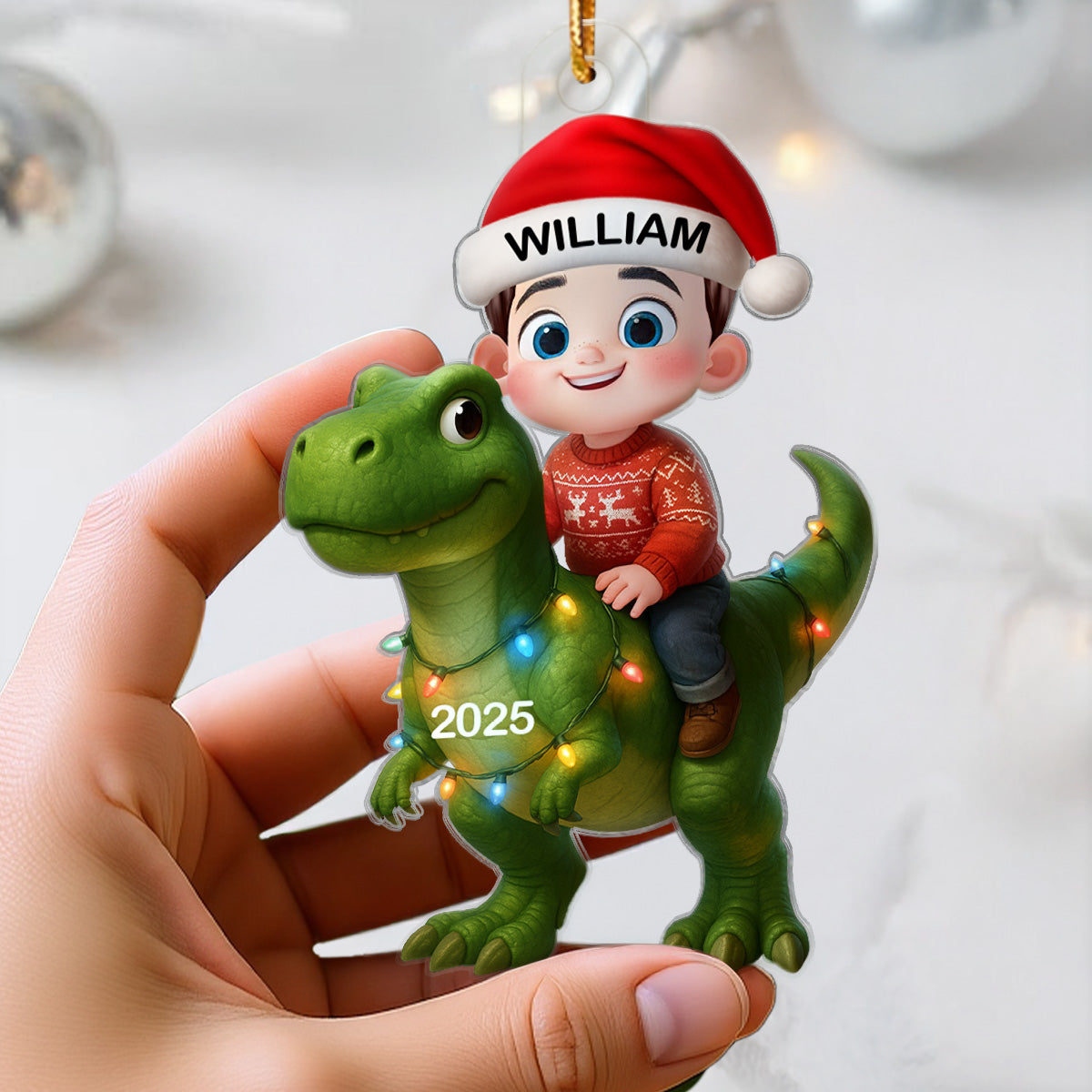 Ornement de Noël Acrylique Personnalisé – Enfants sur Dinosaure avec Prénom et Année