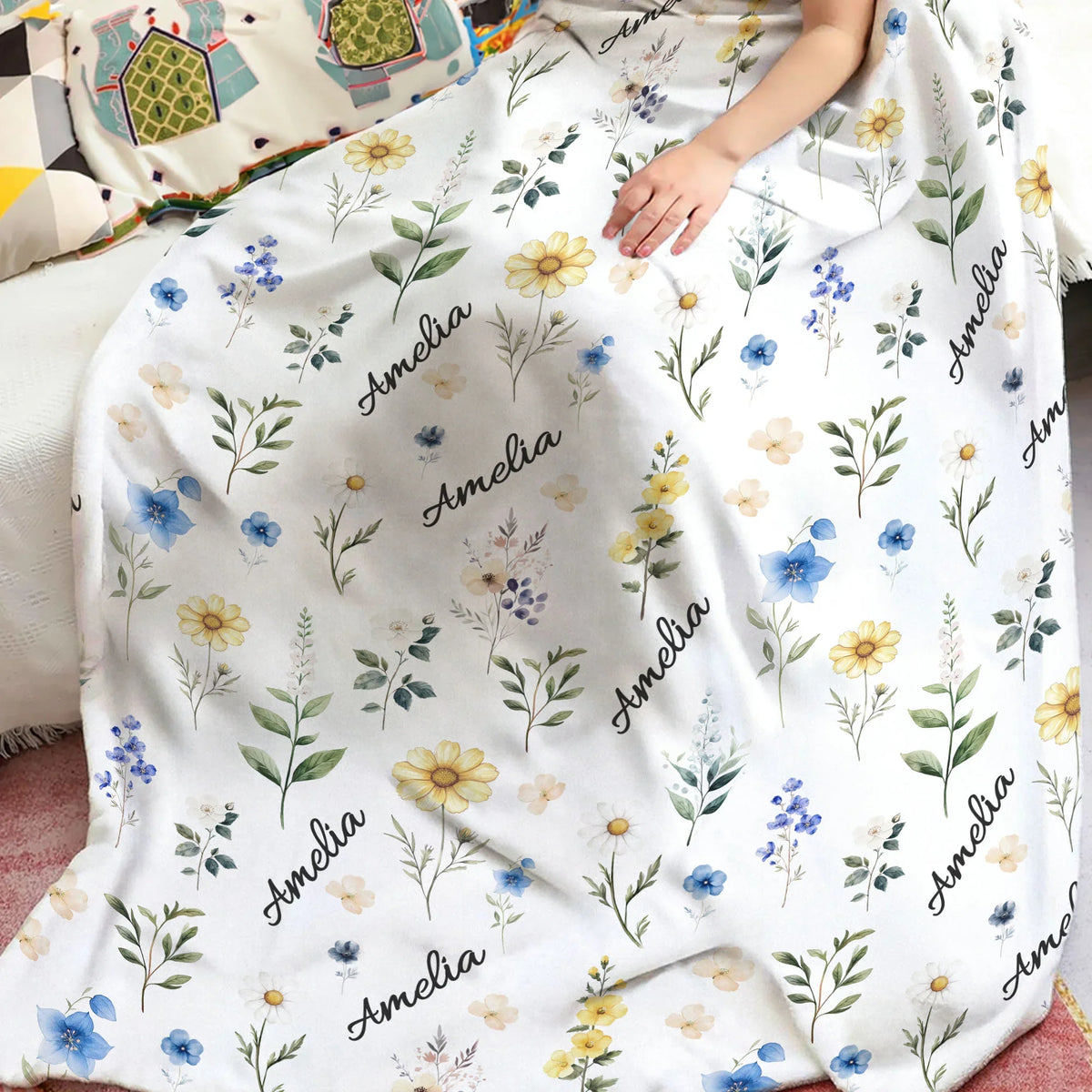 Couverture Personnalisée à Motifs Floraux – Cadeau Doux et Élégant pour Enfants, Bébés ou Adultes