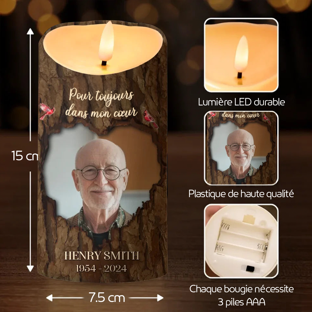 Bougie LED Commémorative Personnalisée – Motif Bois avec Photo et Texte