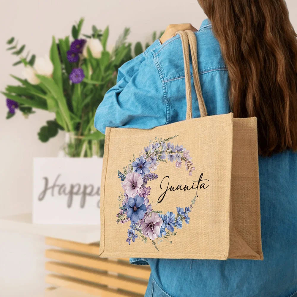 Sac en Toile de Jute Personnalisé avec Prénom et Fleur de Naissance – Cadeau Élégant pour Femme