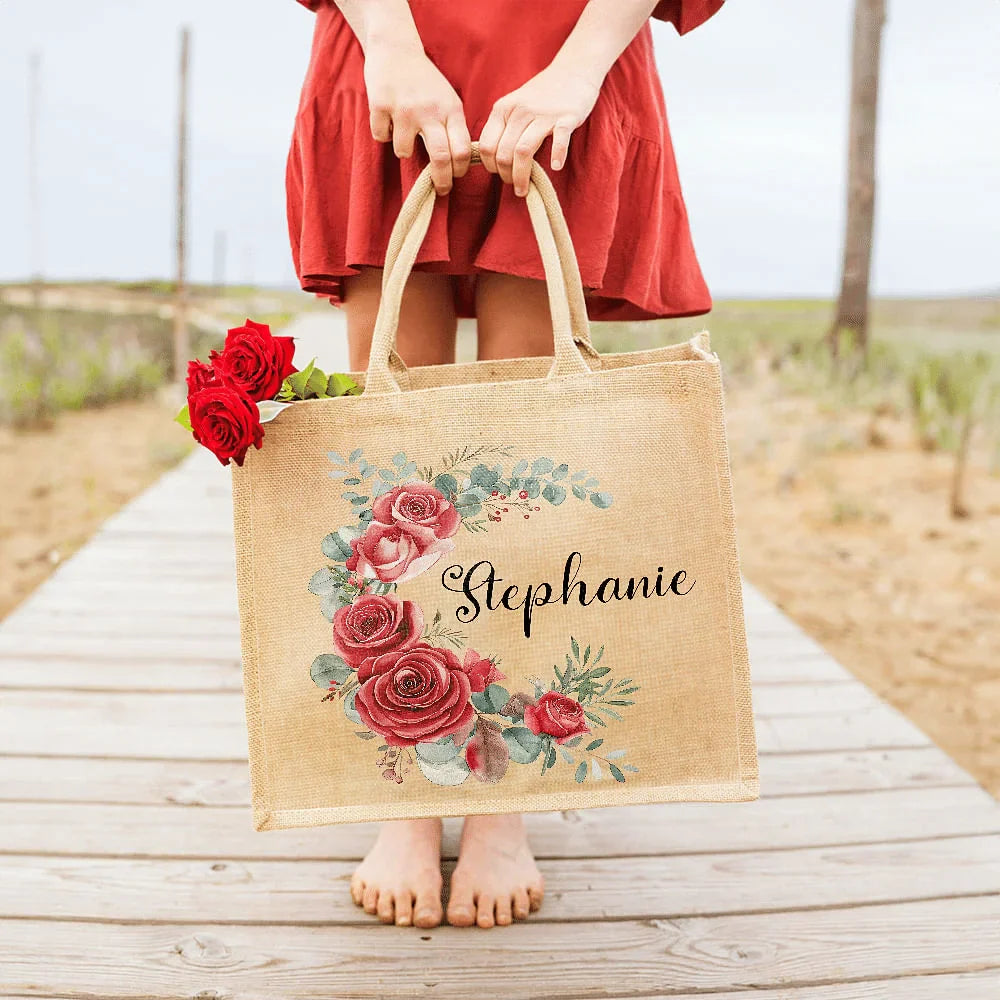 Sac en Toile de Jute Personnalisé avec Prénom et Fleur de Naissance – Cadeau Élégant pour Femme