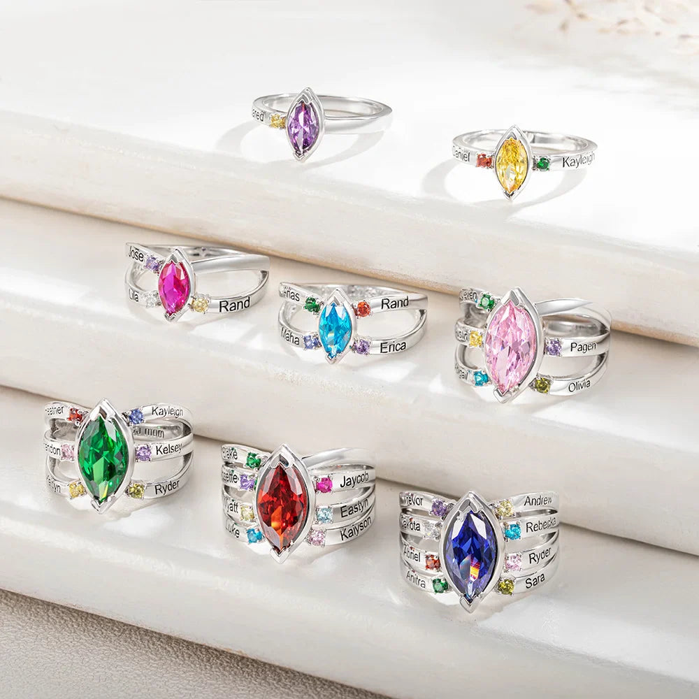 Bague Personnalisée avec Pierres de Naissance et Noms Gravés – Cadeau Unique pour Maman