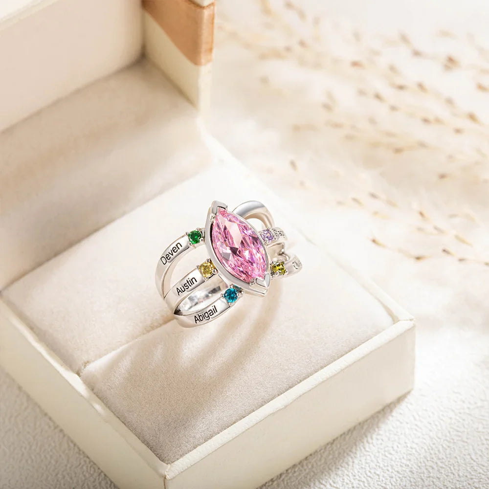 Bague Personnalisée avec Pierres de Naissance et Noms Gravés – Cadeau Unique pour Maman