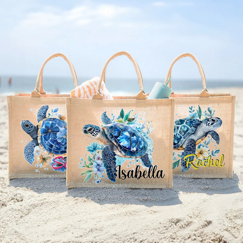 Sac en Toile de Jute Personnalisé - Motif Tortue Marine avec Fleurs et Prénom