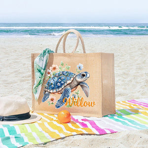 Sac en Toile de Jute Personnalisé - Motif Tortue Marine avec Fleurs et Prénom