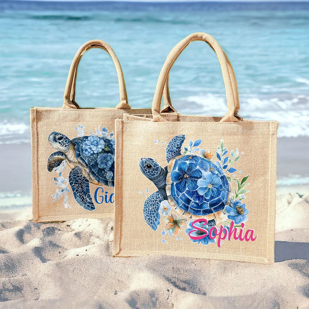 Sac en Toile de Jute Personnalisé - Motif Tortue Marine avec Fleurs et Prénom