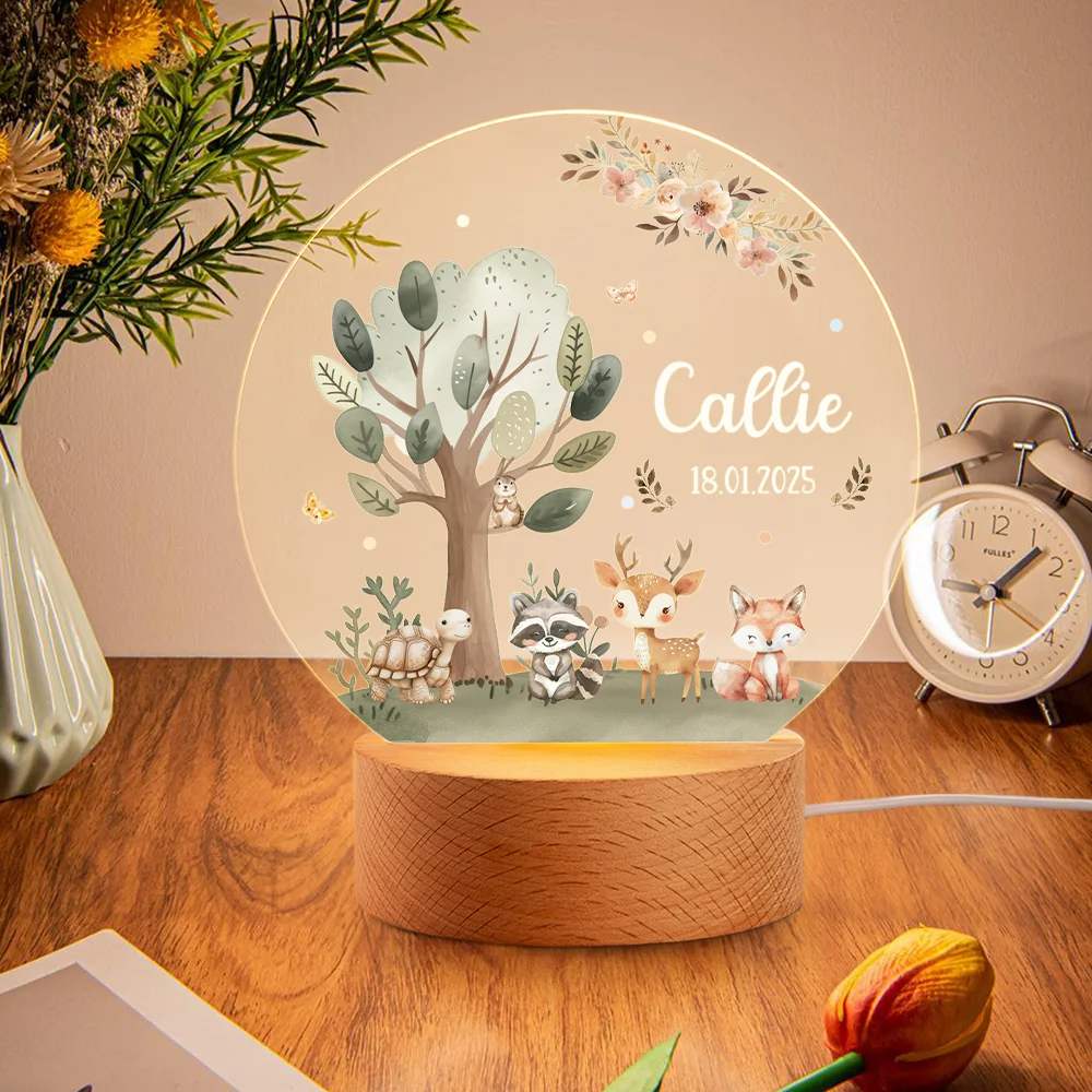 Lampe de Nuit Personnalisée avec Animaux de la Forêt – Veilleuse LED avec Nom et Date pour Enfants