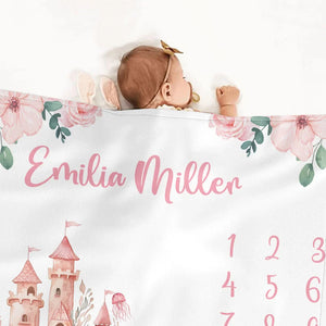 Couverture Bébé Personnalisée Douce à Motifs Floraux avec Prénom et Château