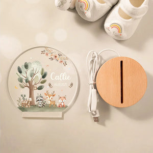 Lampe de Nuit Personnalisée avec Animaux de la Forêt – Veilleuse LED avec Nom et Date pour Enfants
