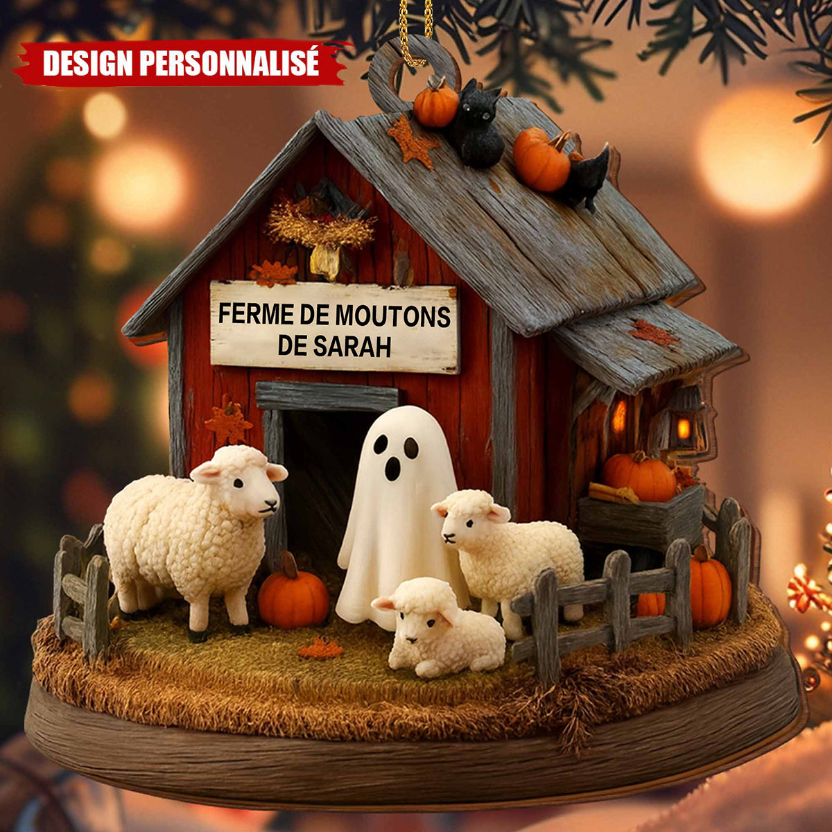 Ornement en Bois Personnalisé – Grange Automnale avec Moutons et Décor Halloween