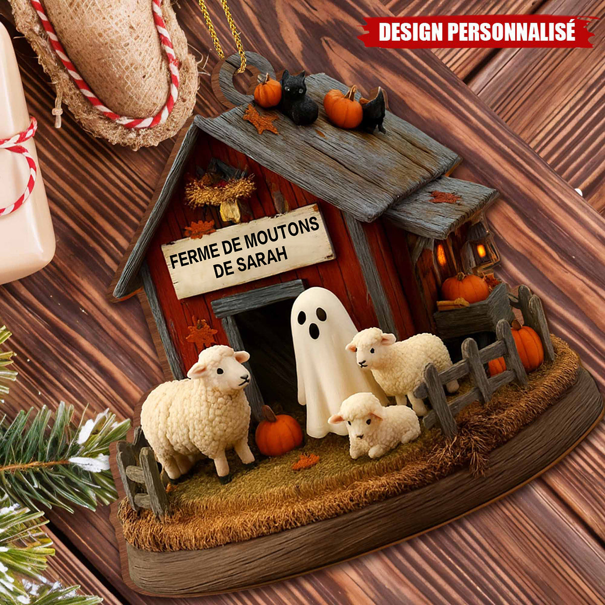 Ornement en Bois Personnalisé – Grange Automnale avec Moutons et Décor Halloween