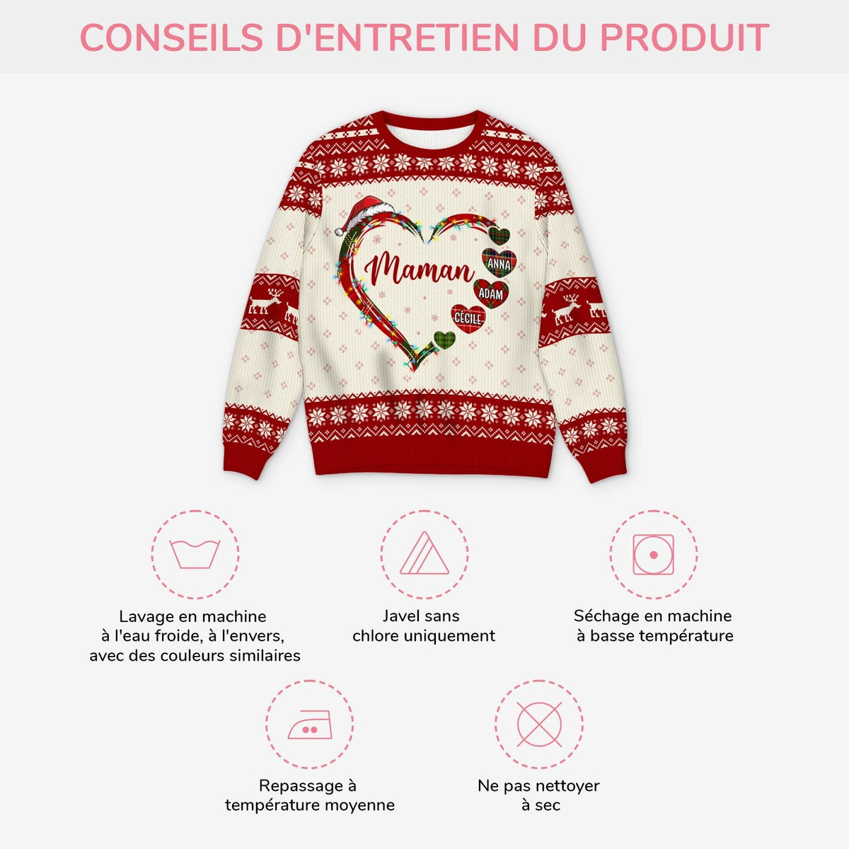 Pull de Noël Personnalisé – Design en Cœur avec Prénoms