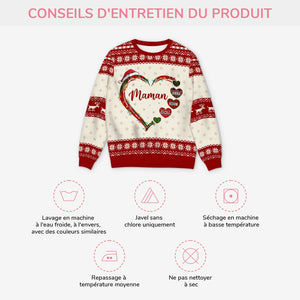 Pull de Noël Personnalisé – Design en Cœur avec Prénoms