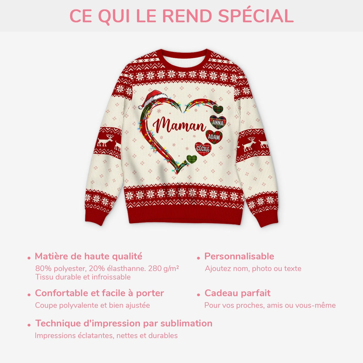 Pull de Noël Personnalisé – Design en Cœur avec Prénoms