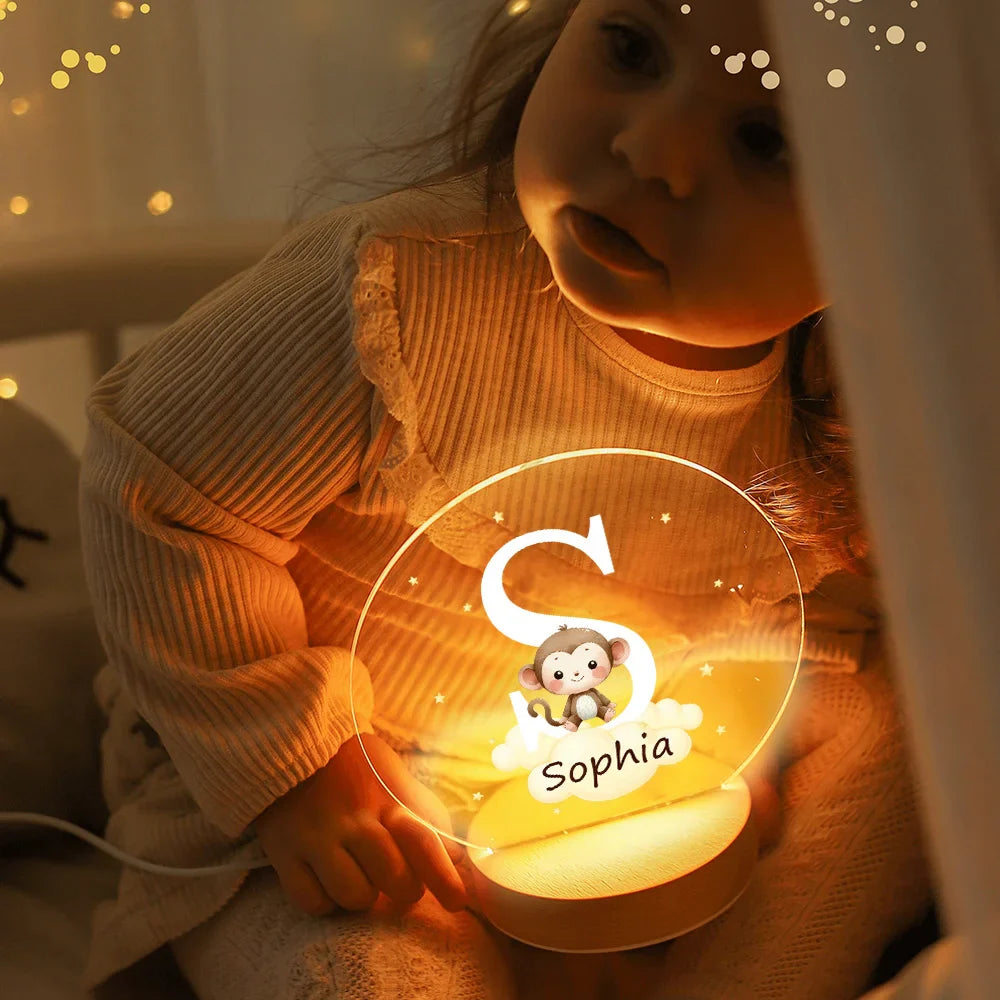 Plaque LED Acrylique Personnalisée – Veilleuse Enfant avec Initiale du prénom et Animal Mignon