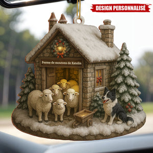 Ornement en Bois Personnalisé – Petite Ferme Hivernale avec Moutons