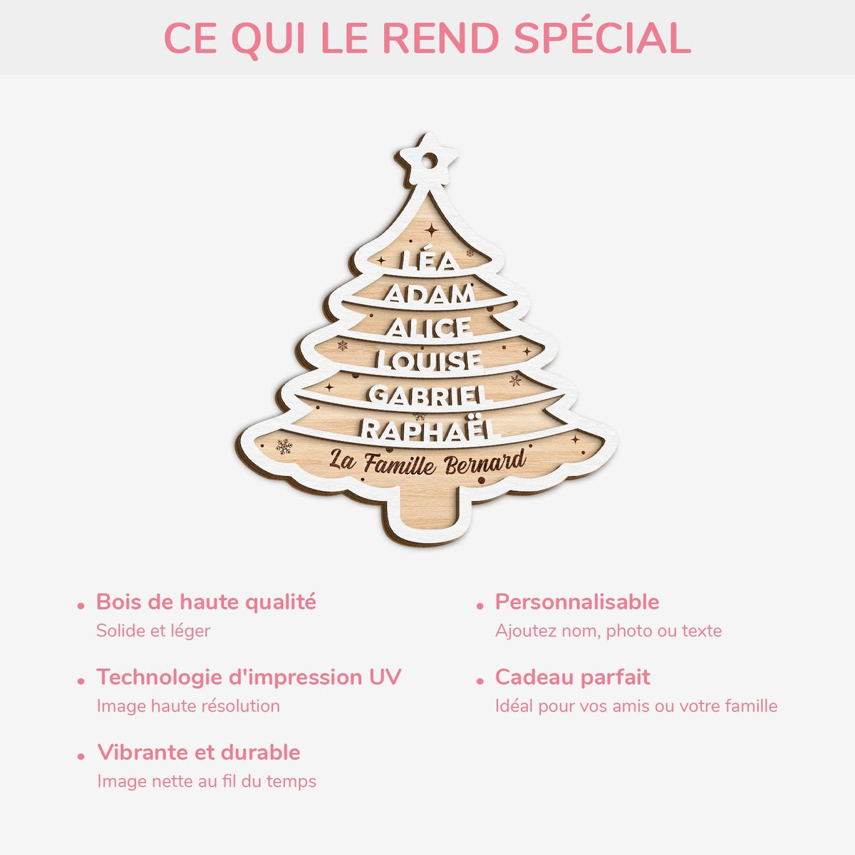 Ornement de Noël en Bois Personnalisé – Sapin Gravé avec Prénoms & Famille