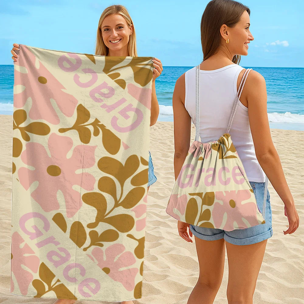 Serviette de plage personnalisée avec prénom – Design floral rétro