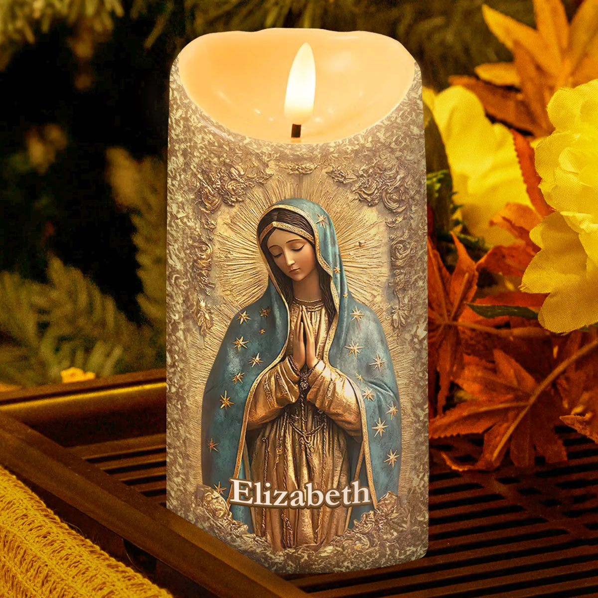 Bougie LED Personnalisée avec Sainte Vierge Marie – Lumière Spirituelle et Décoration Émotionnelle