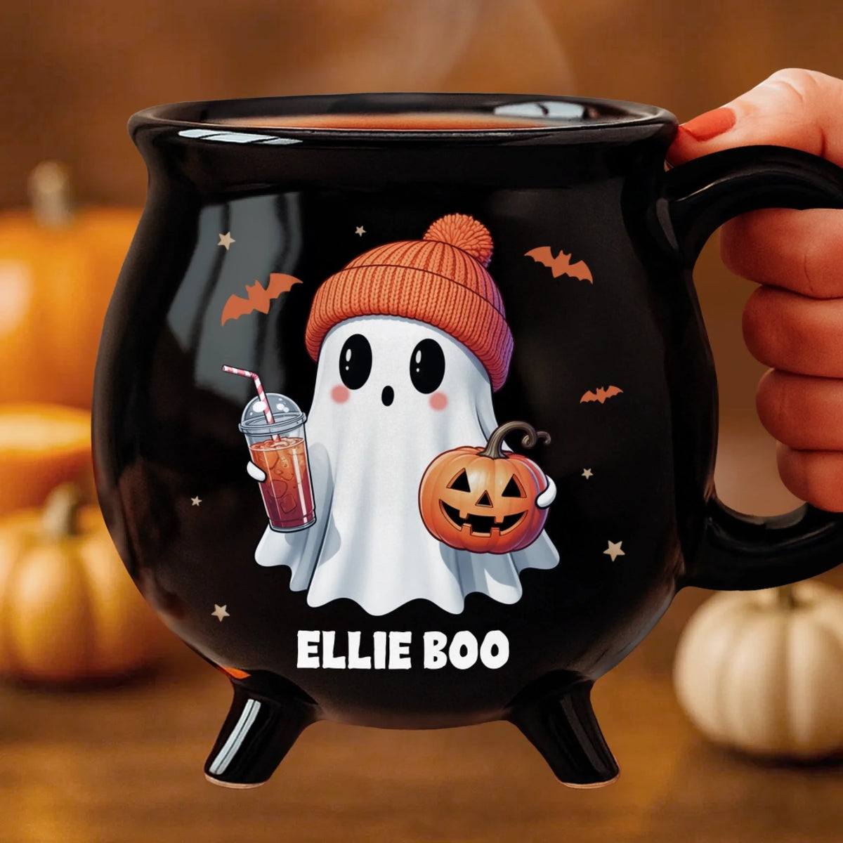 Mug Chaudron Personnalisé Halloween – Fantôme Kawaii avec Citrouille et Prénom