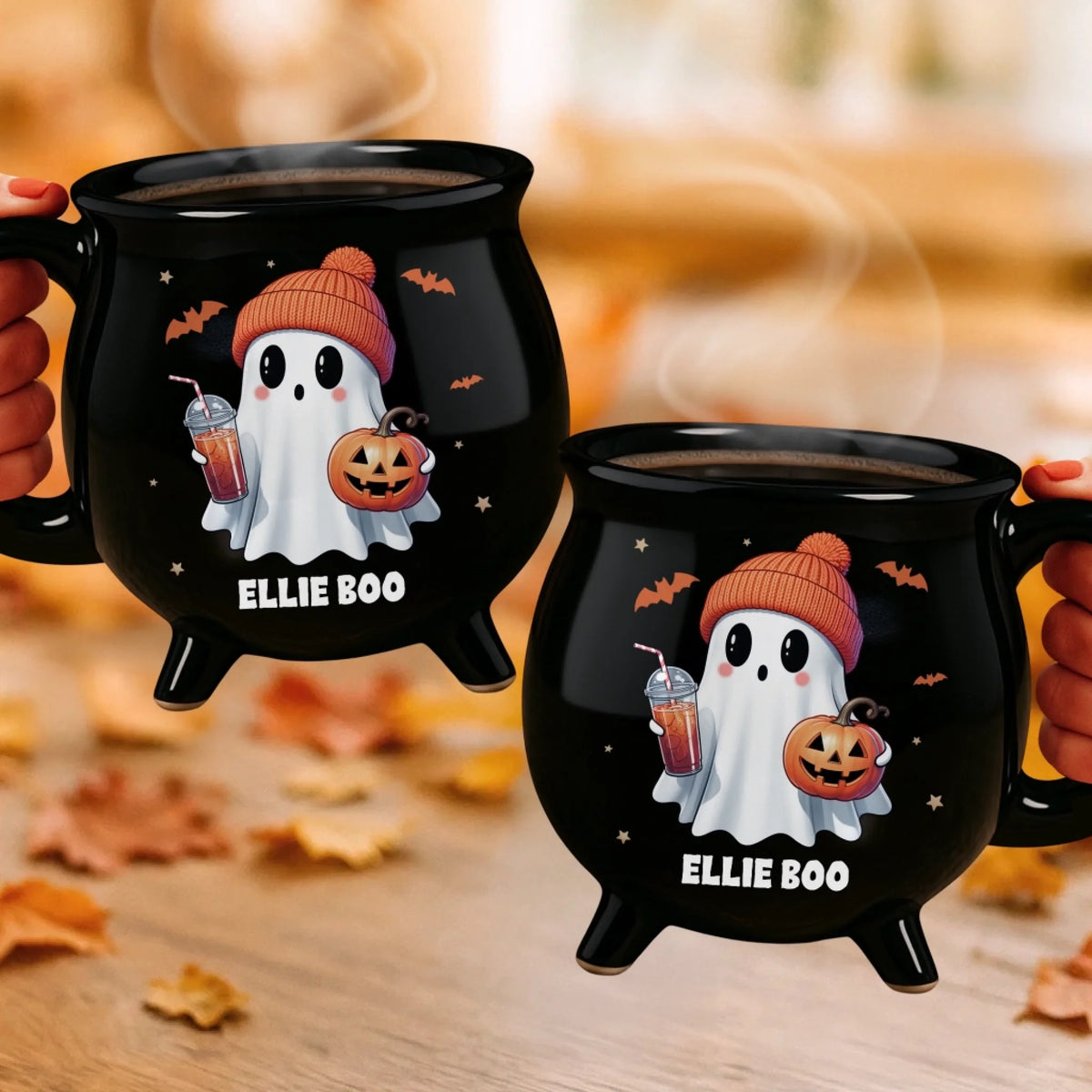 Mug Chaudron Personnalisé Halloween – Fantôme Kawaii avec Citrouille et Prénom