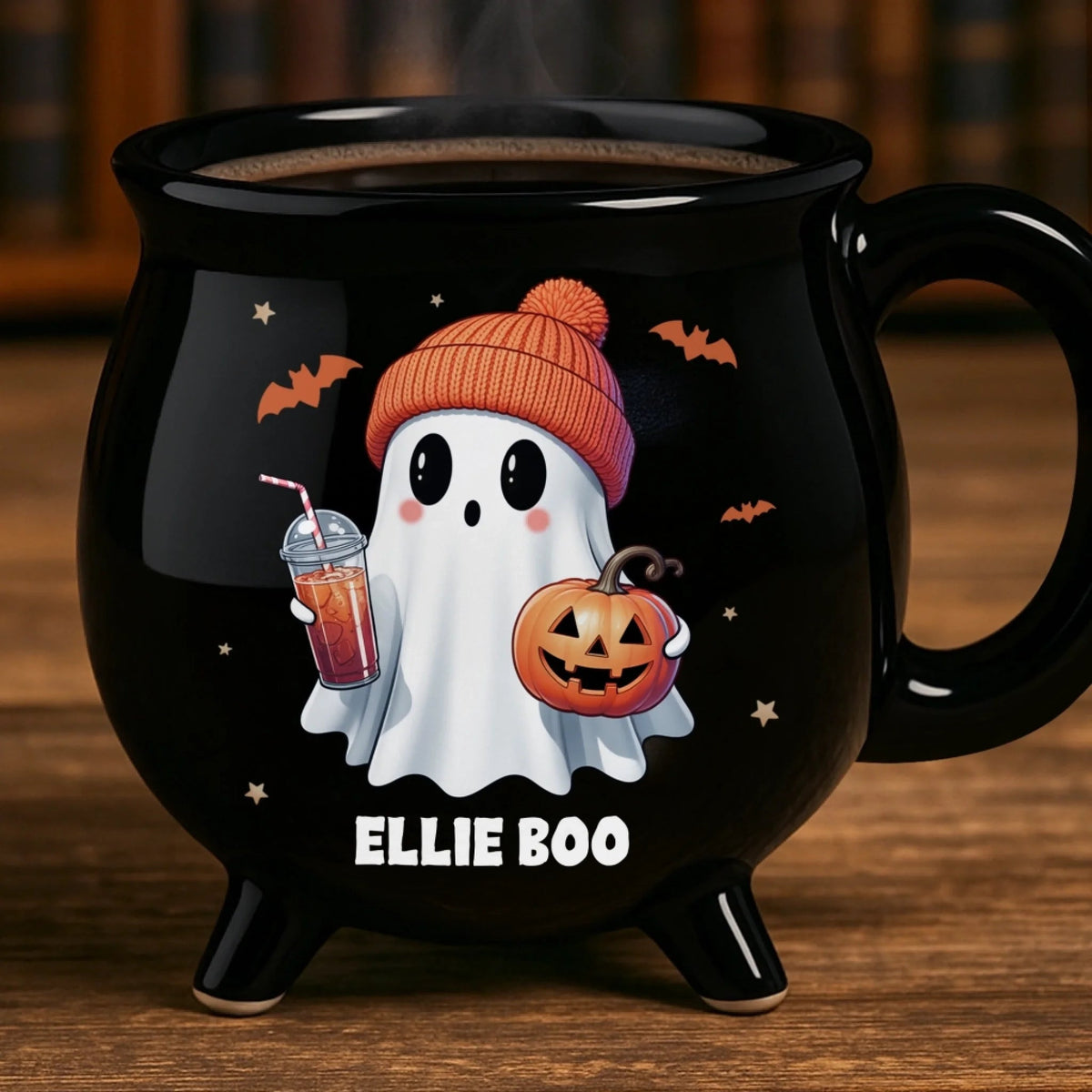 Mug Chaudron Personnalisé Halloween – Fantôme Kawaii avec Citrouille et Prénom