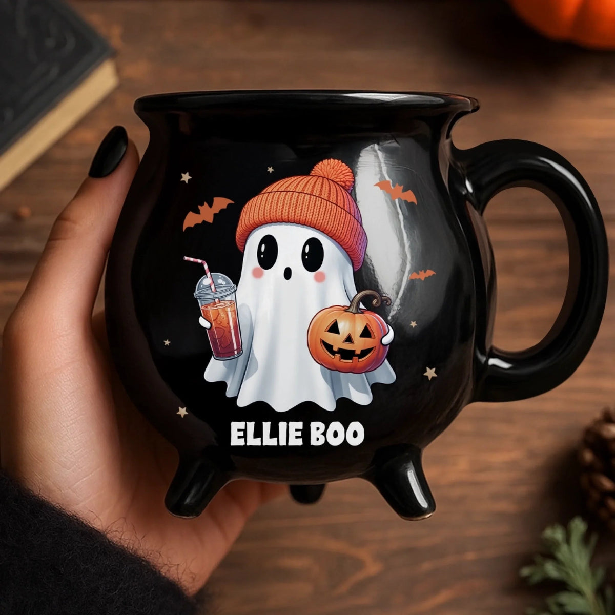 Mug Chaudron Personnalisé Halloween – Fantôme Kawaii avec Citrouille et Prénom