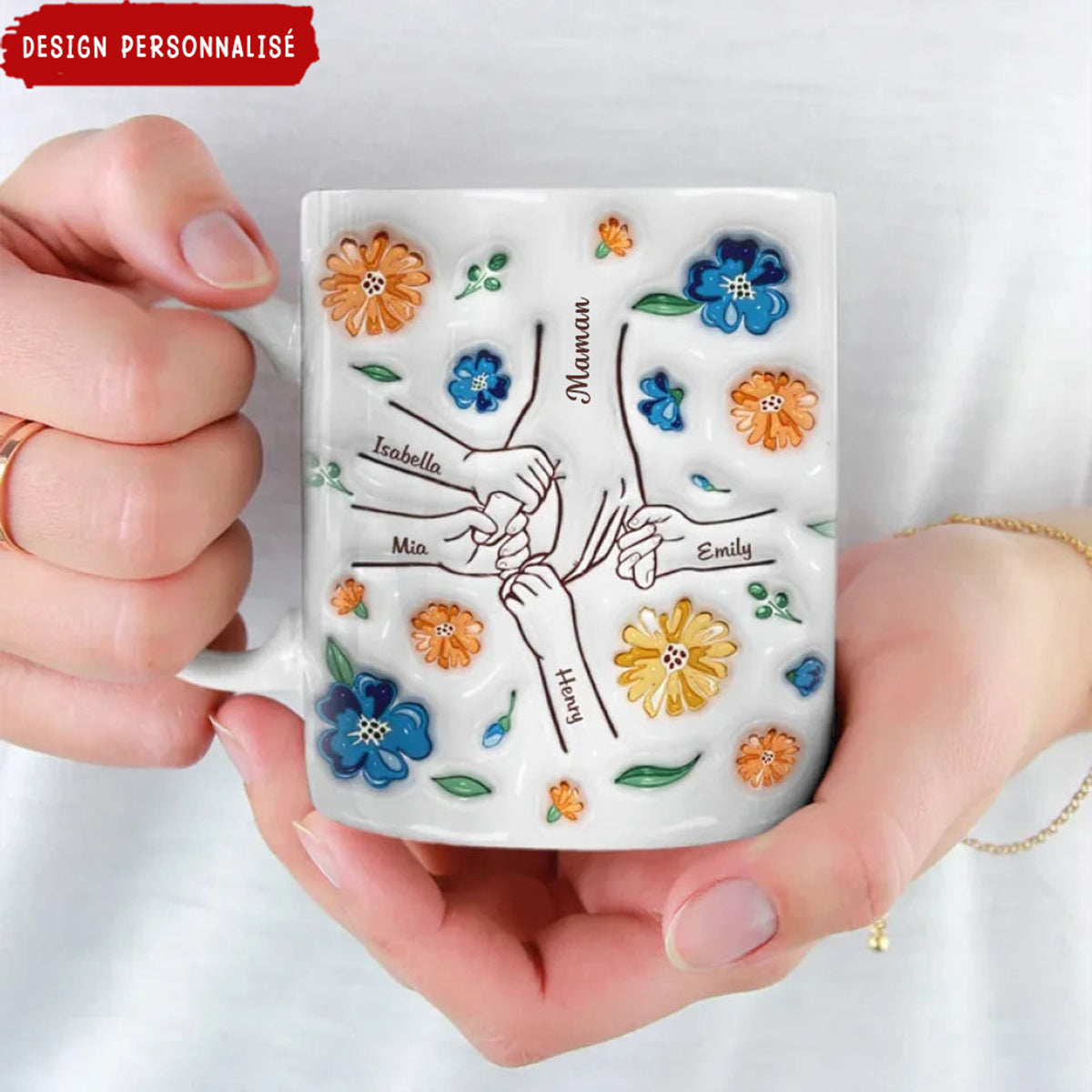 Mug Personnalisé avec Prénoms et Motifs Floraux – Cadeau Émotionnel pour Maman et Famille