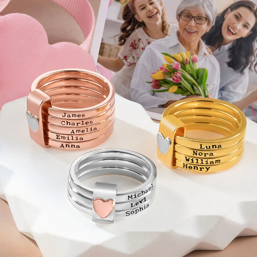 Bague Personnalisée avec Prénoms – Design Empilable avec Cœur Gravé