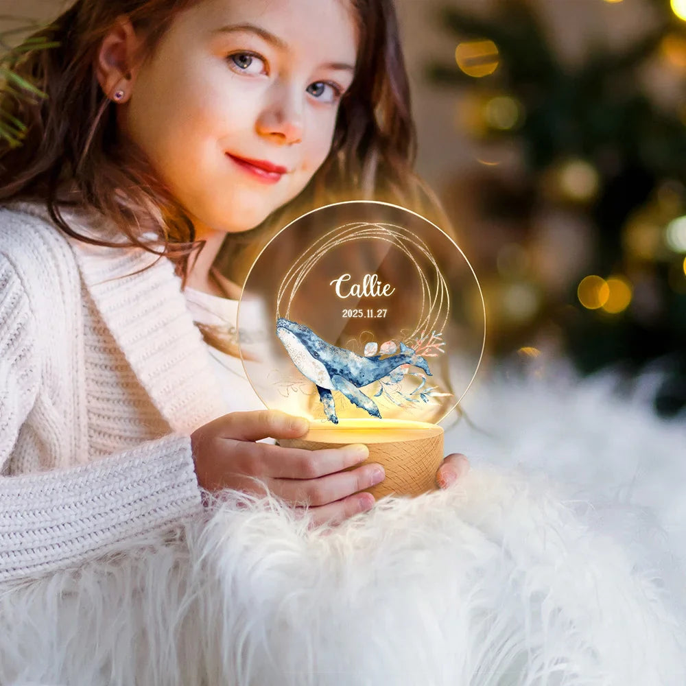 Veilleuse LED Acrylique Personnalisée – Prénom et Date avec Motif les créatures marines